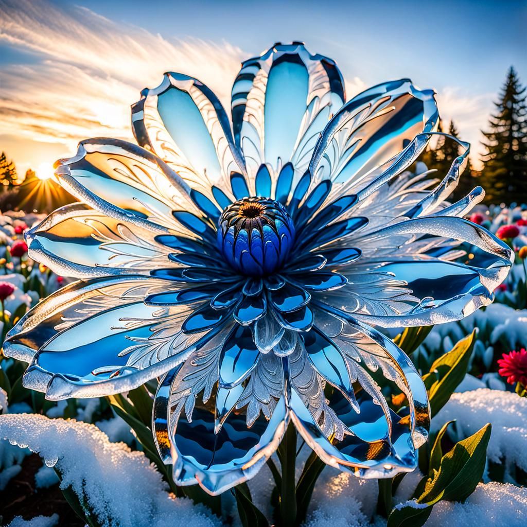 Hyperdetailed Ice Flower Garden in Golden Light