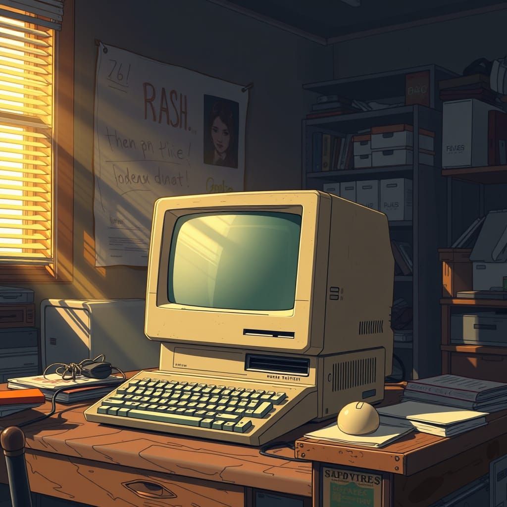 Retro-Futuristic 1985 Computer Scene in Vibrant Anime Style