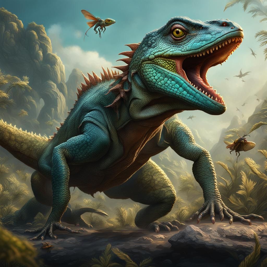 Prehistoric Lizard Catches Fly in Detailed Digital Painting
