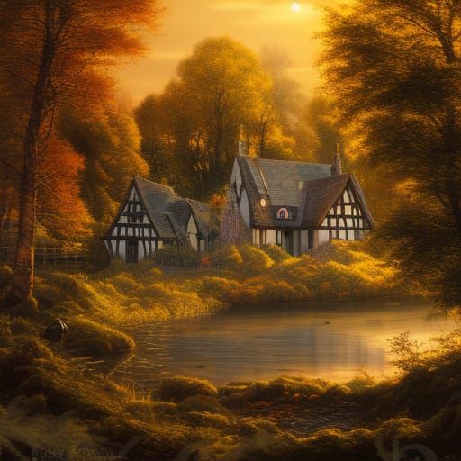 Gothic Cottagecore Village at Sunset in Dark Fantasy Style
