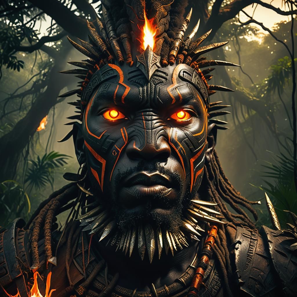 Menacing African Warrior in Dark Jungle Illustration
