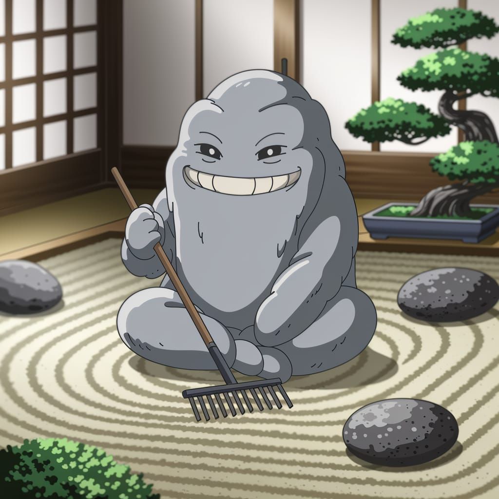 Granite Rock Rakes Zen Garden in Chibi Anime Style