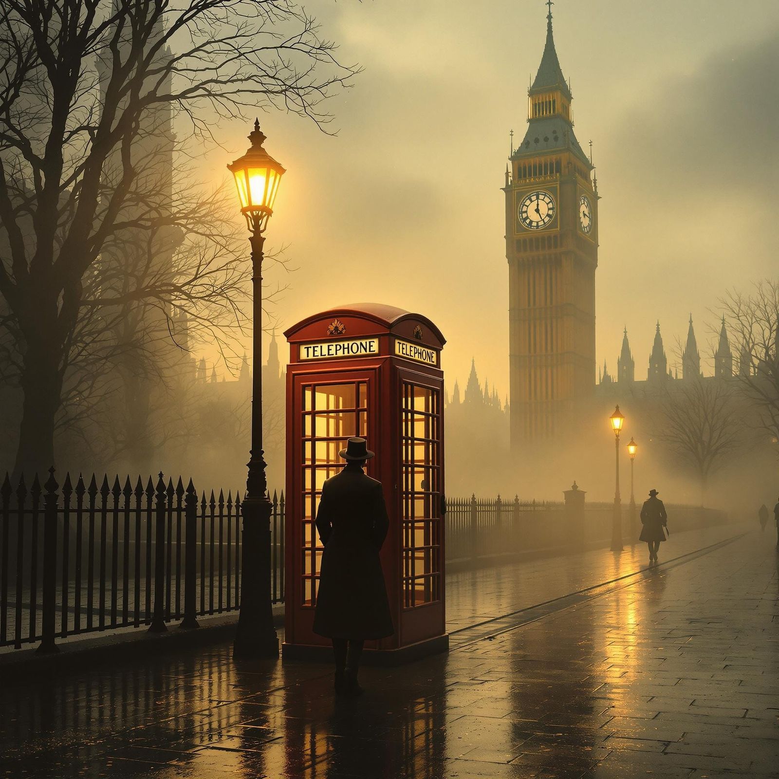 A lone figure in a long, dark coat and hat stands beside a c...