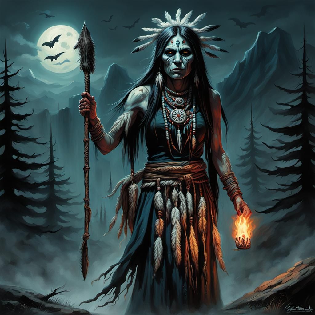 Native American Ghost Witch in Sinister Greg Rutkowski Art S...