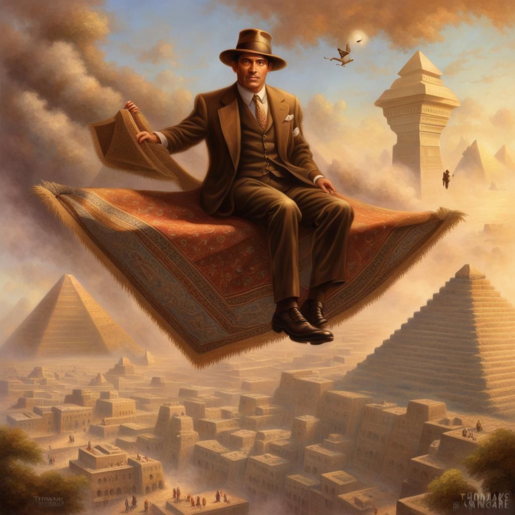 Man in Fedora Rides Flying Carpet over Pyramids