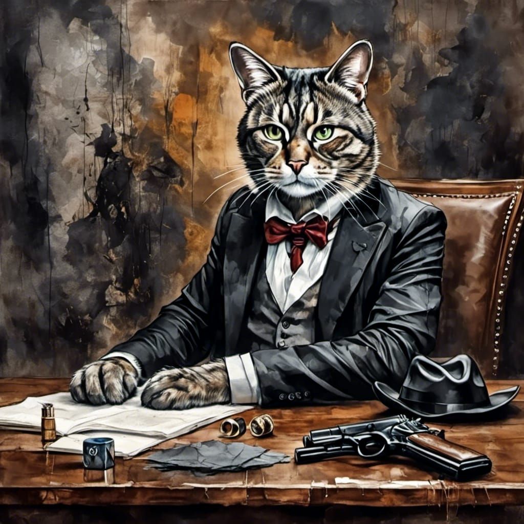 Mafia Cat Portrait with Gun in Digital Art Style