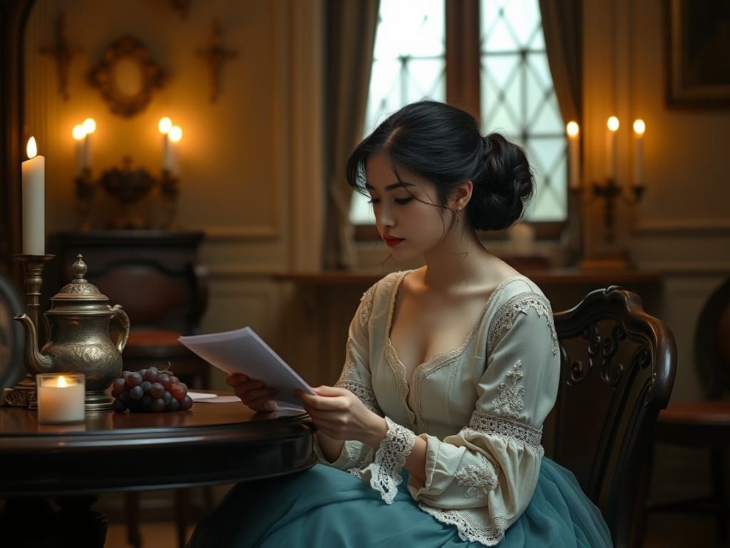 Woman Reading Letter in Antique Room, Romantic Style