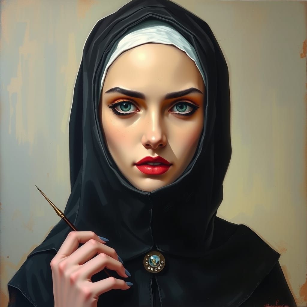 Gothic Nun in Intense Emotive Acrylic Painting
