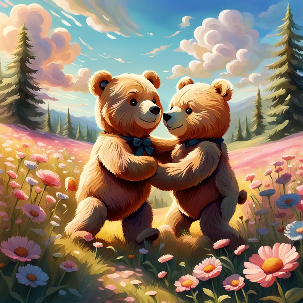 Teddy Bears Dancing in Flower Meadow, Whimsical Illustration