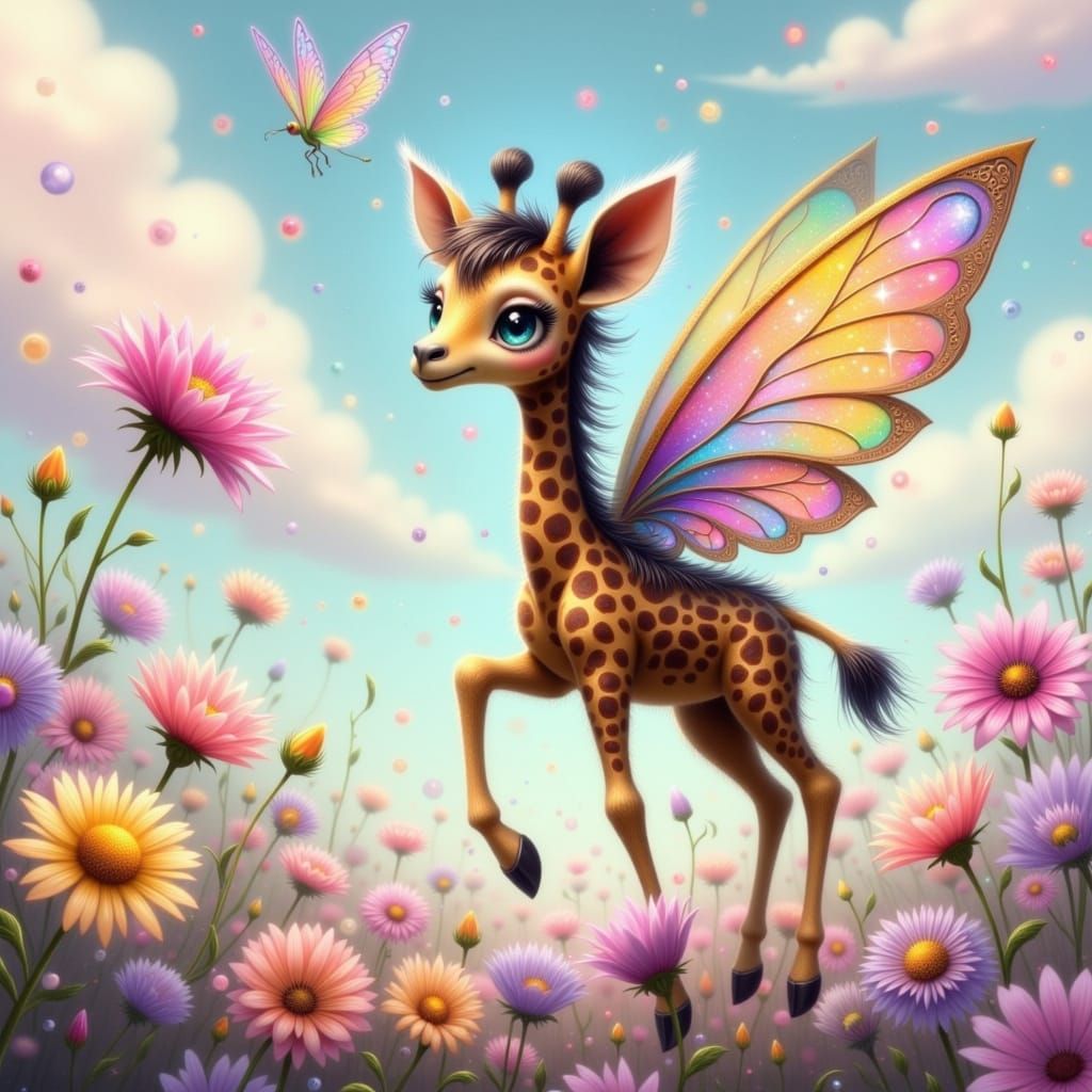 Whimsical Giraffe with Wings in a Vibrant Garden