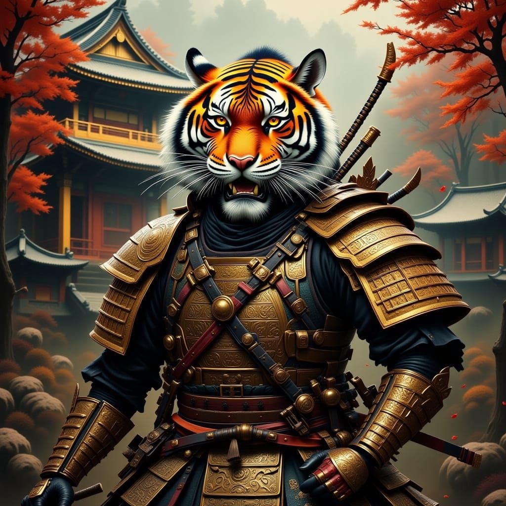 Ornate Tiger Samurai in Japanese Temple