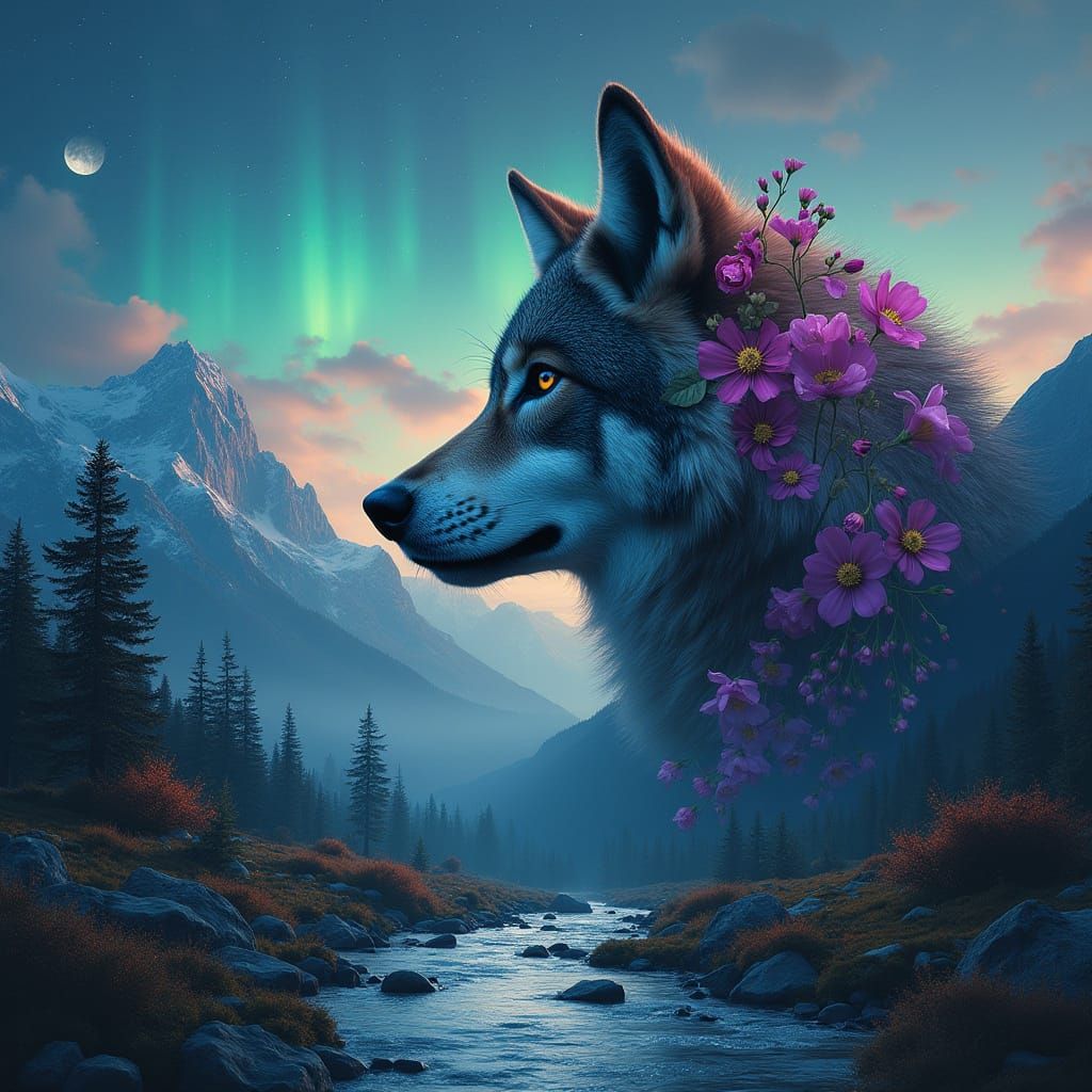 Wolf Double Exposure with Mountains and Northern Lights