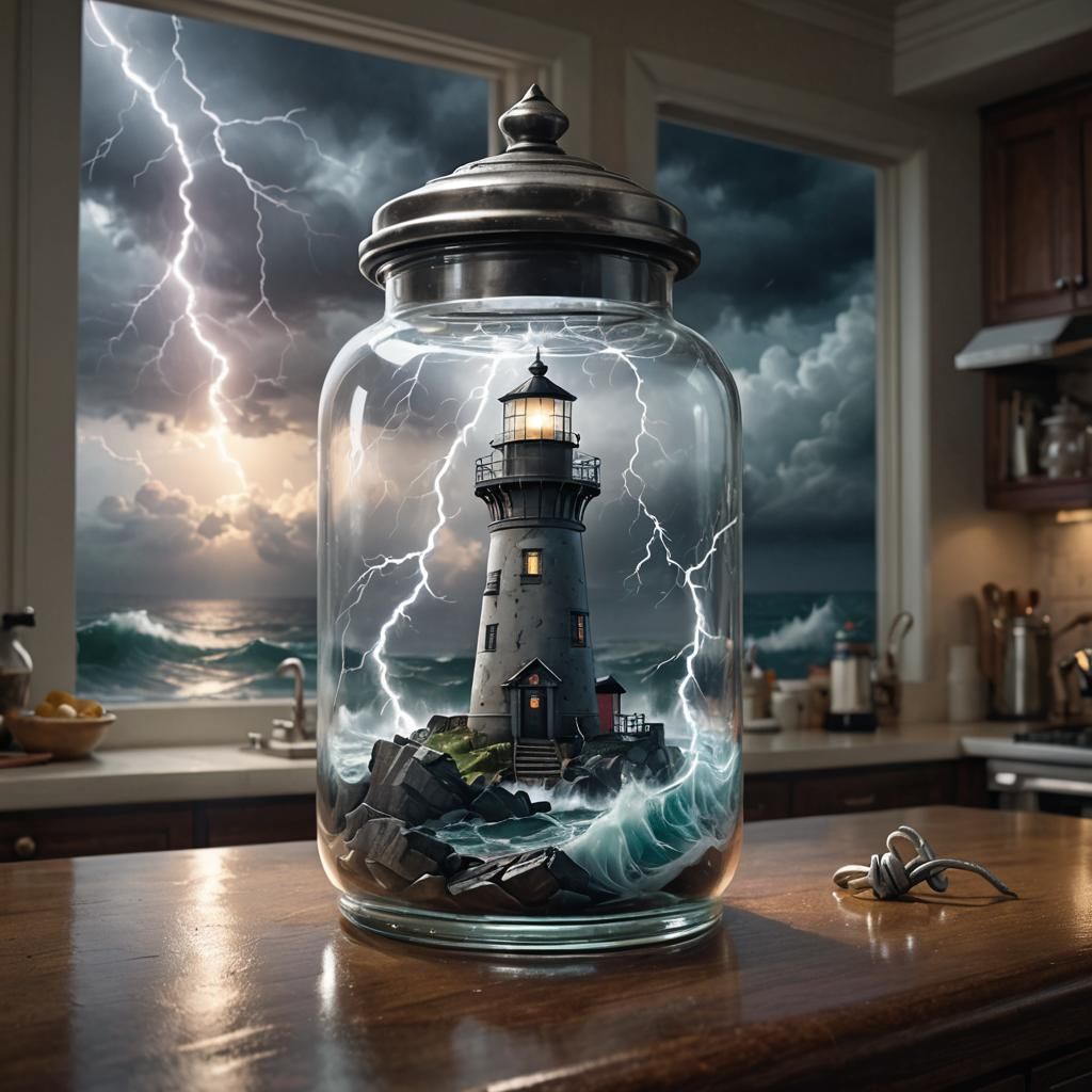 Lighthouse in a Jar: Ocean Tempest Digital Painting
