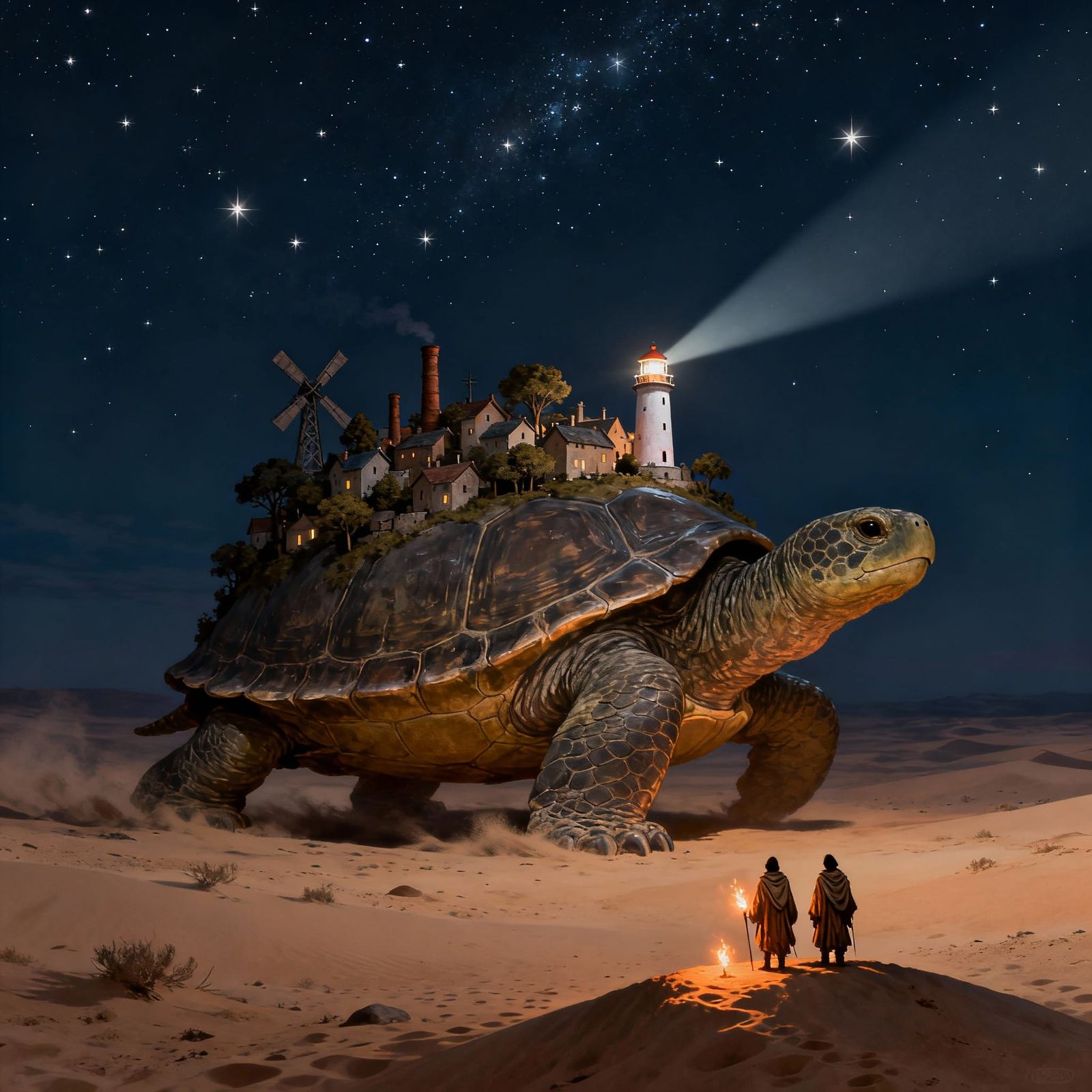 Giant Turtle City Crosses Desert Under Starry Night Sky