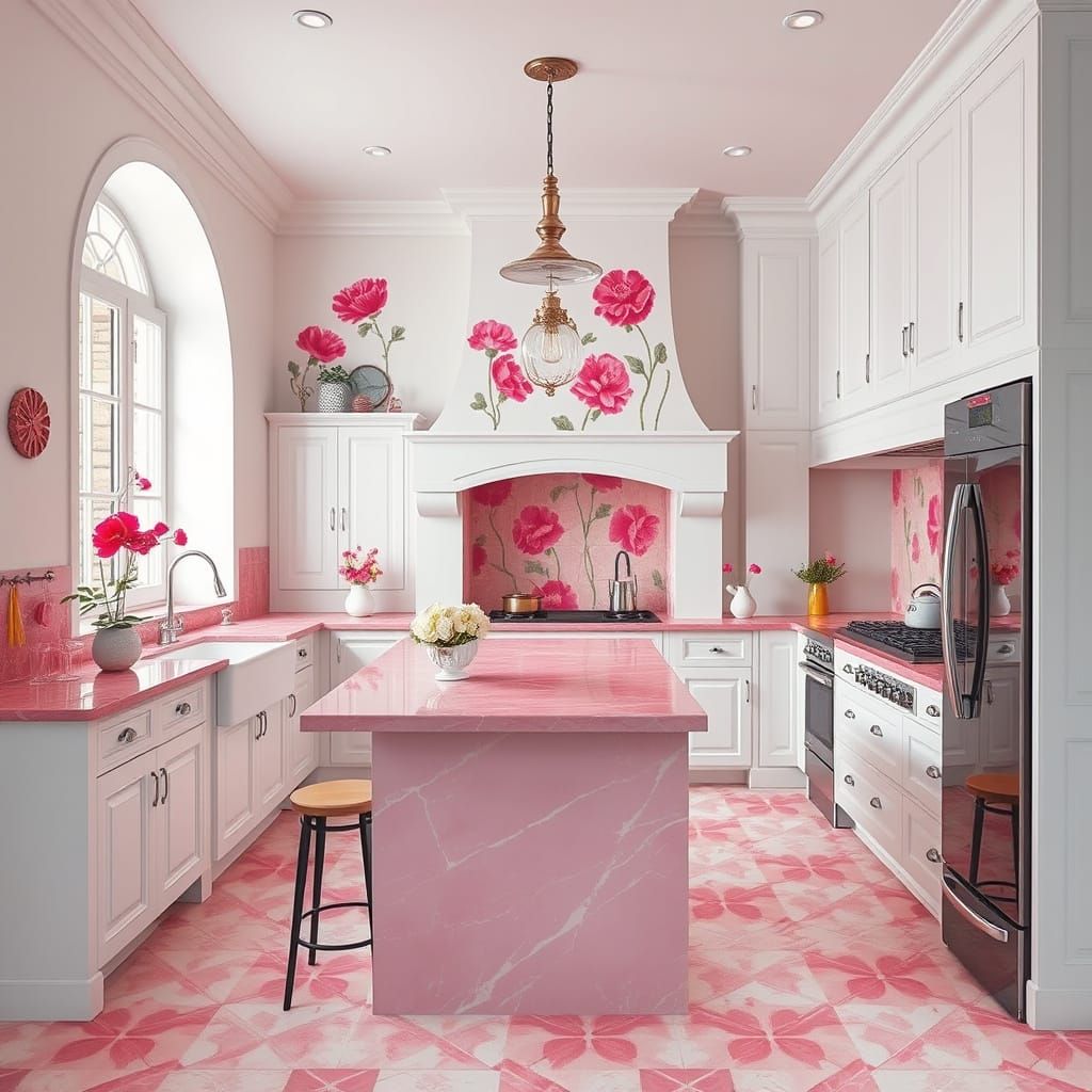 Medieval Kitchen Design in Neon Pink and White