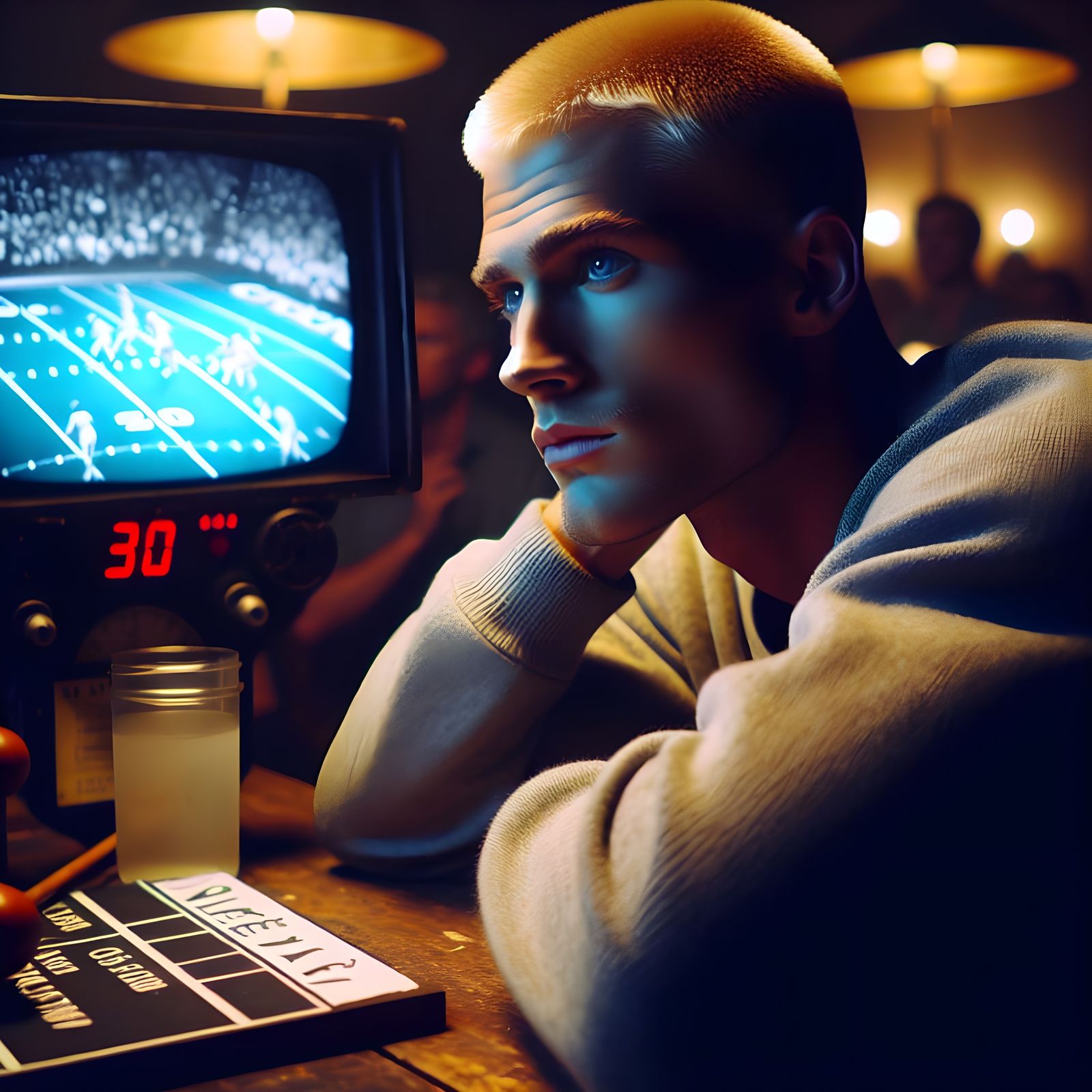 Attractive Athlete Watches Sports in Cinematic Film Still