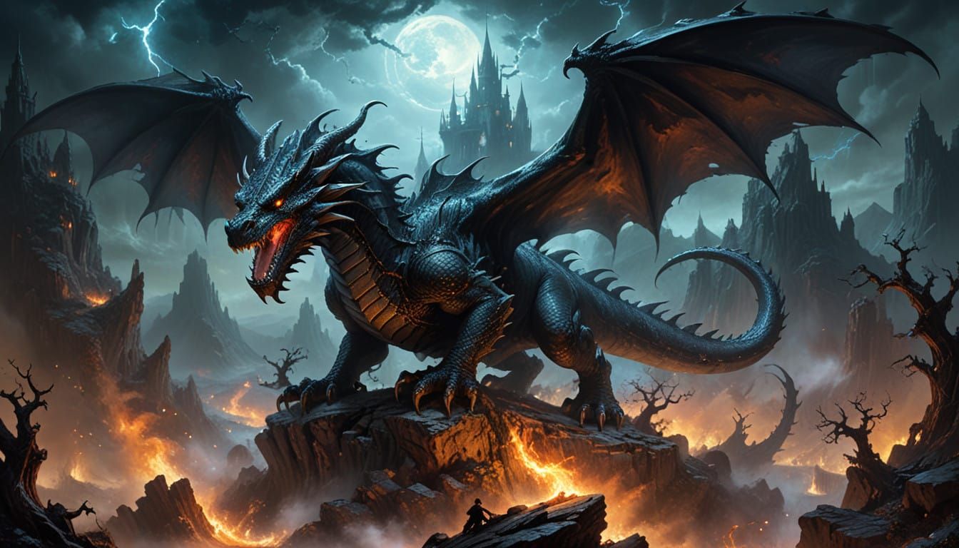 Majestic Black Dragon Reigns Over Surreal Fantasy Realm