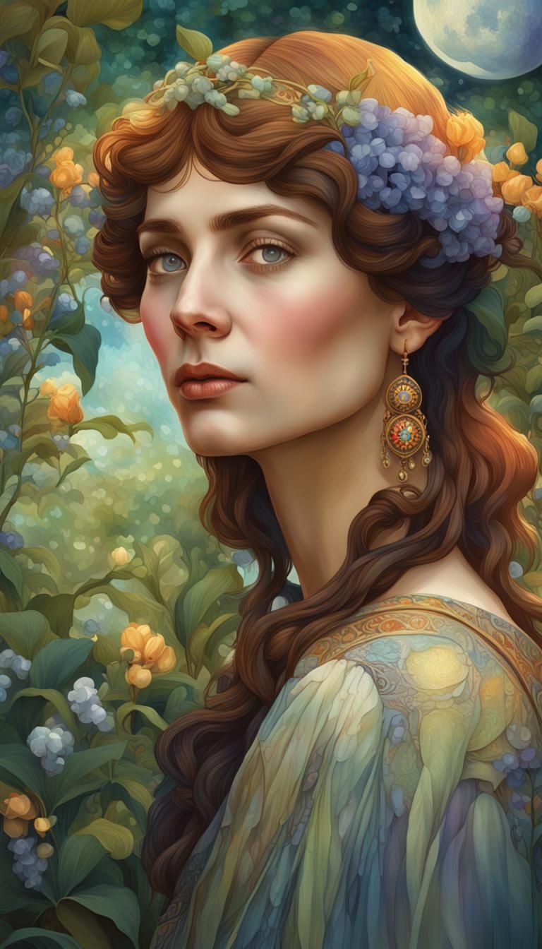 Woman in Garden: Hyperrealistic Art Nouveau Portrait