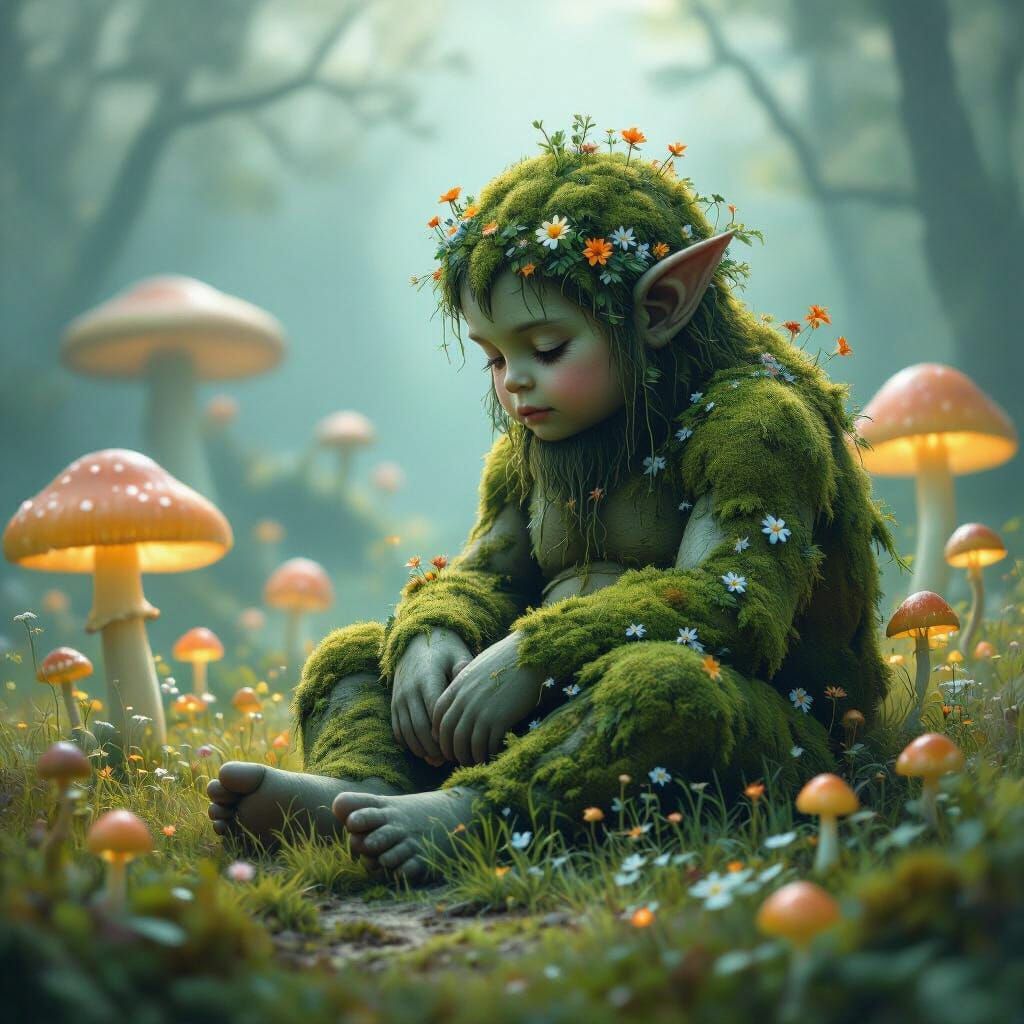 Gentle Child Giant in Enchanted Mushroom Field