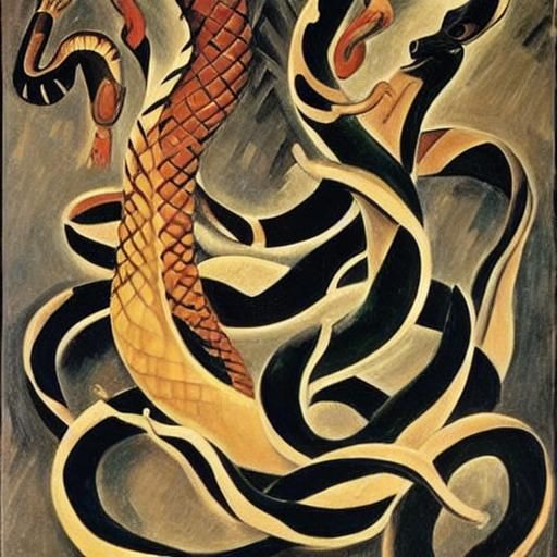 Serpent Artwork in Goncharova and Caravaggio Style