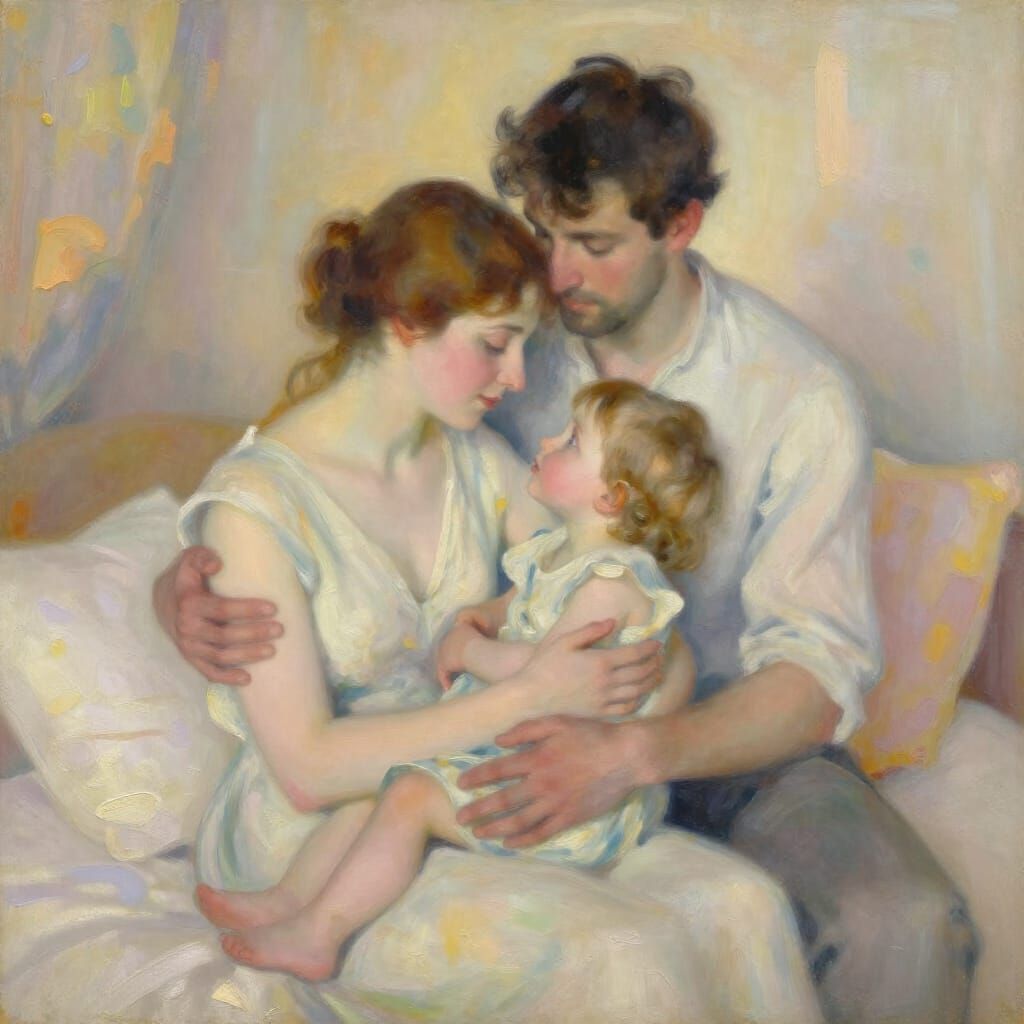 Serene Family Portrait in Soft Impasto Oil Style