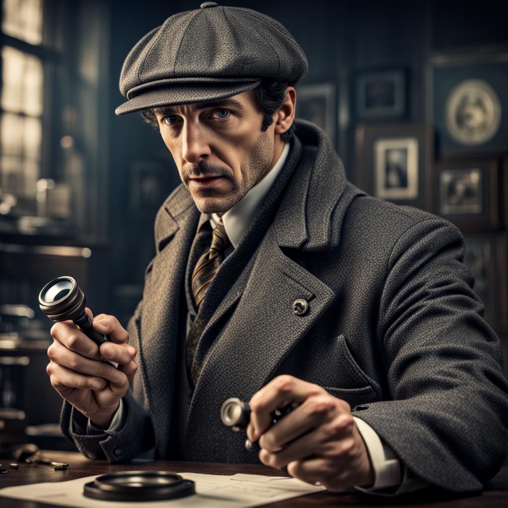 Hyperrealistic Sherlock Holmes with Magnifying Glass