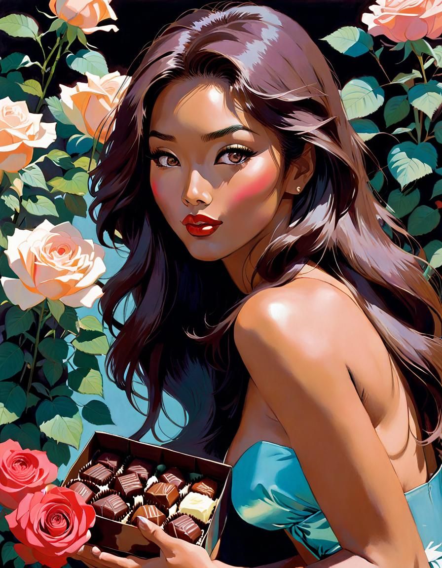 Dreamy Girl Offers Chocolates: Color Illustration