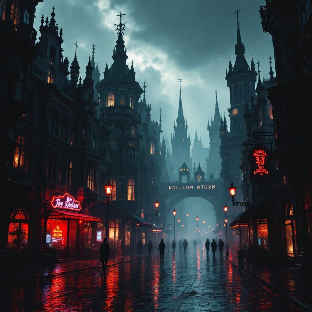 Moody Art Nouveau Cityscape in Monochromatic Film Noir Style