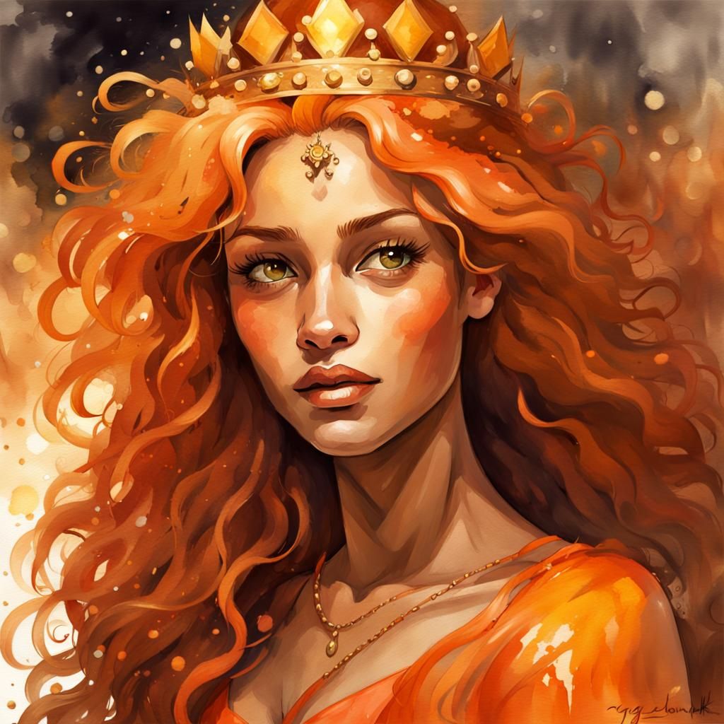 Beautiful Orange Fairy Portrait in Watercolor Style