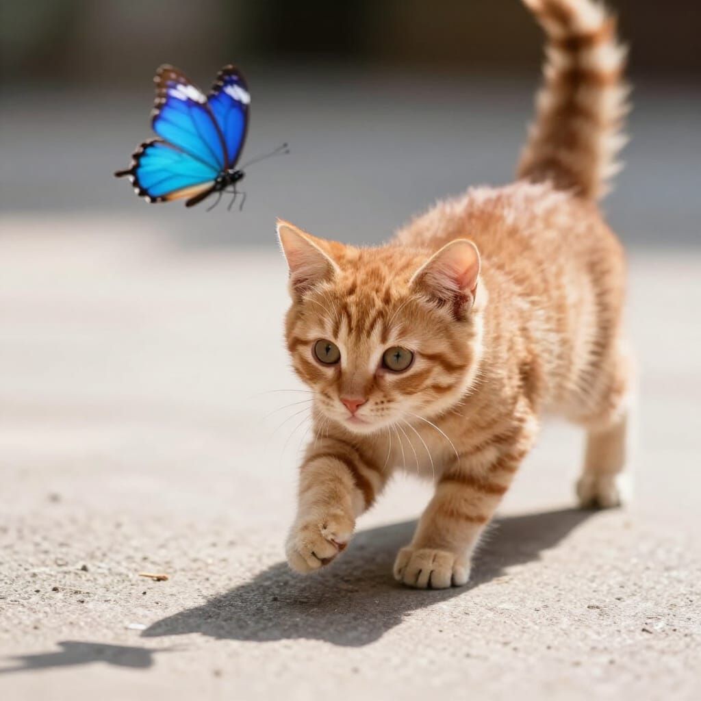 Adorable Kitten Chasing Butterfly Shadow Photorealistic
