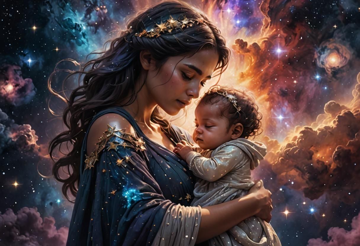 Nebula Woman and Newborn Star in Space