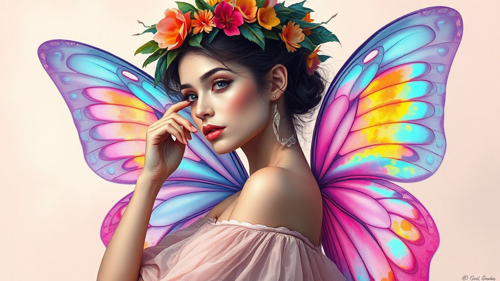A mesmerizing and enchanting piece of art by Adda Barrios. It captures a celestial female figure with exquisite butterfl...
