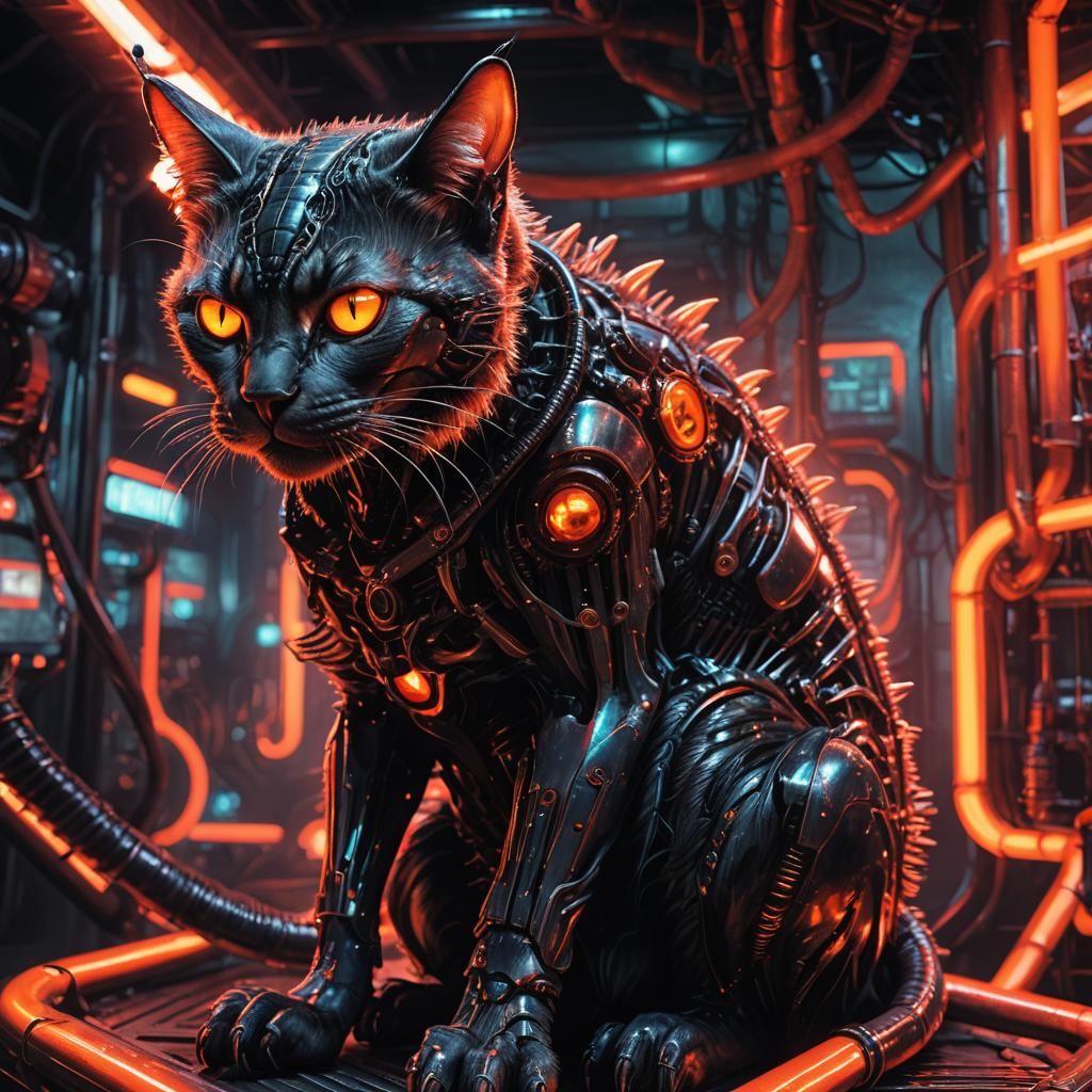Biomechanical Xenomorph Cat Portrait in Surreal Style