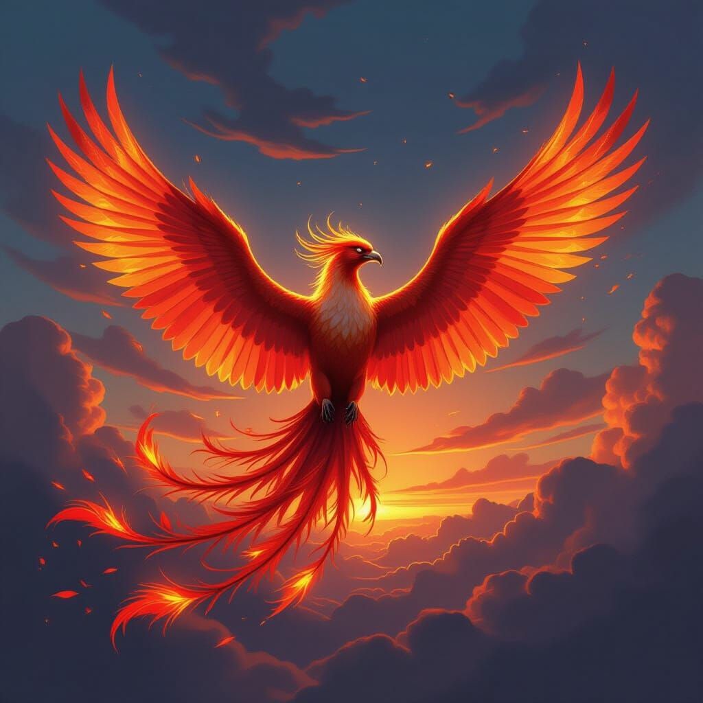 Majestic Phoenix Spreads Fiery Wings in Twilight Sky
