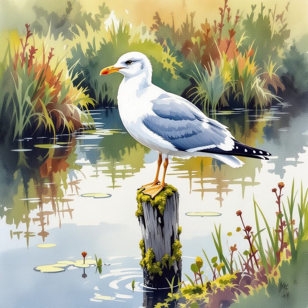 Hyperrealistic Watercolor Gull on Mossy Stake