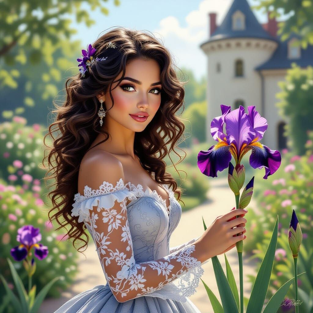 Woman with Iris in Garden: Gauche Chalk Art