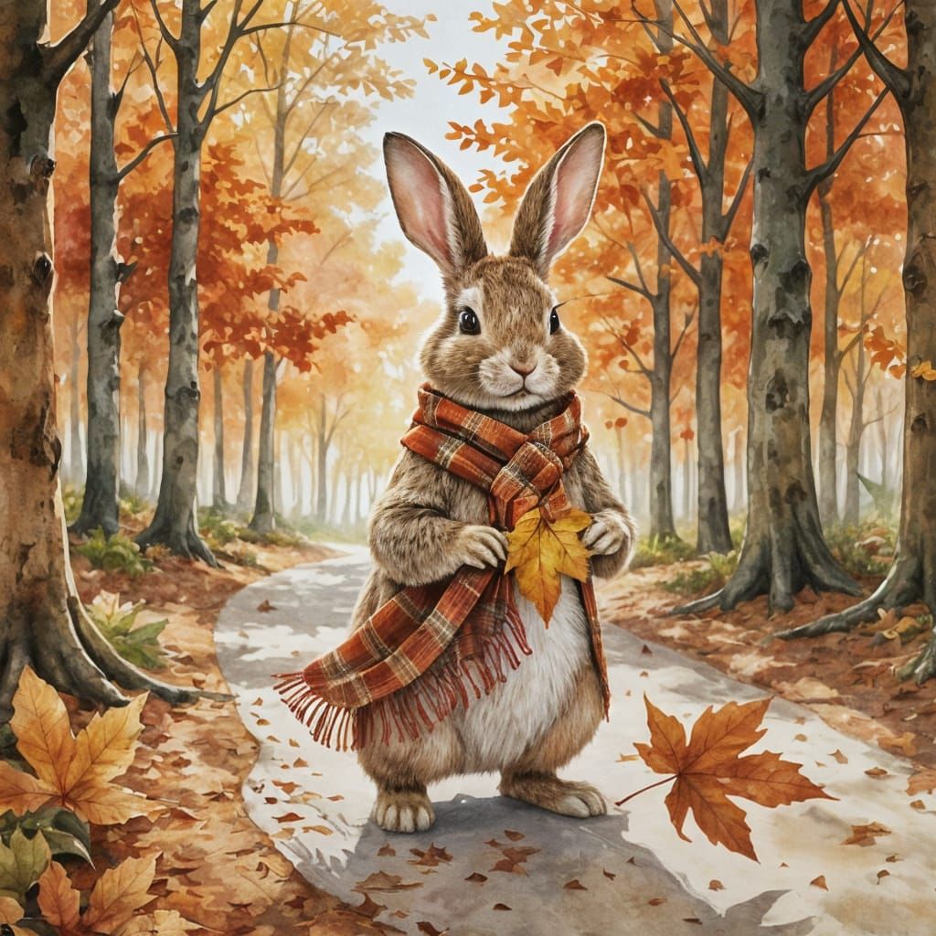 Rabbit in Autumn Foliage with Scarf