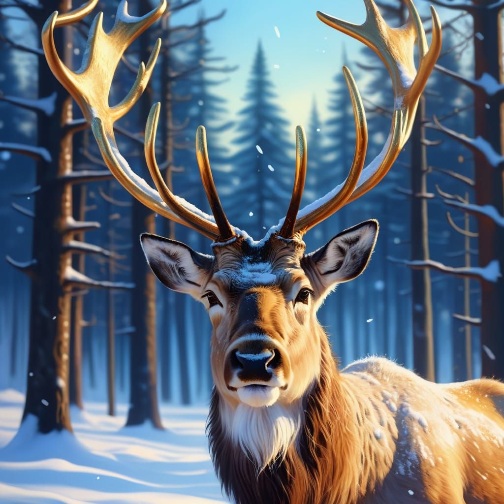 Golden-Horned Reindeer Portrait in Snowy Forest