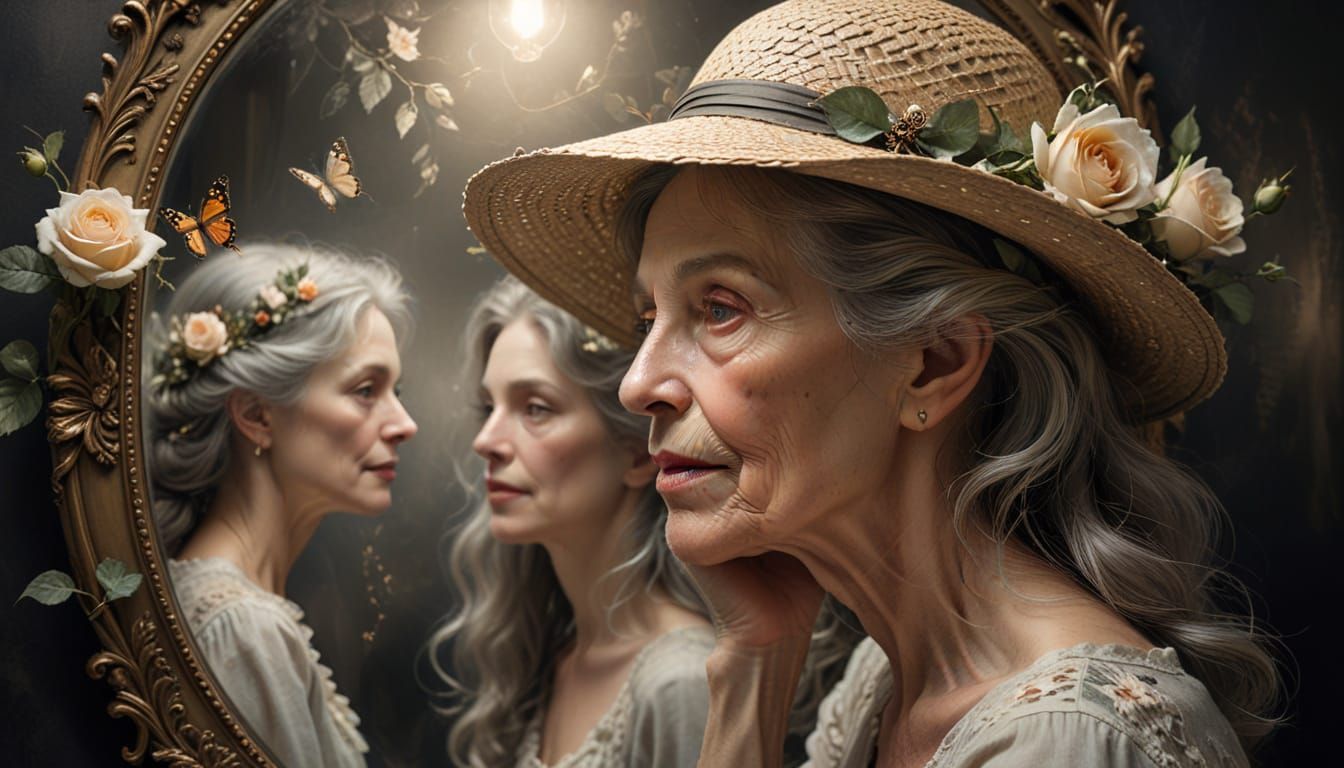 Elderly Woman and Reflection: Surreal Charcoal Sketch