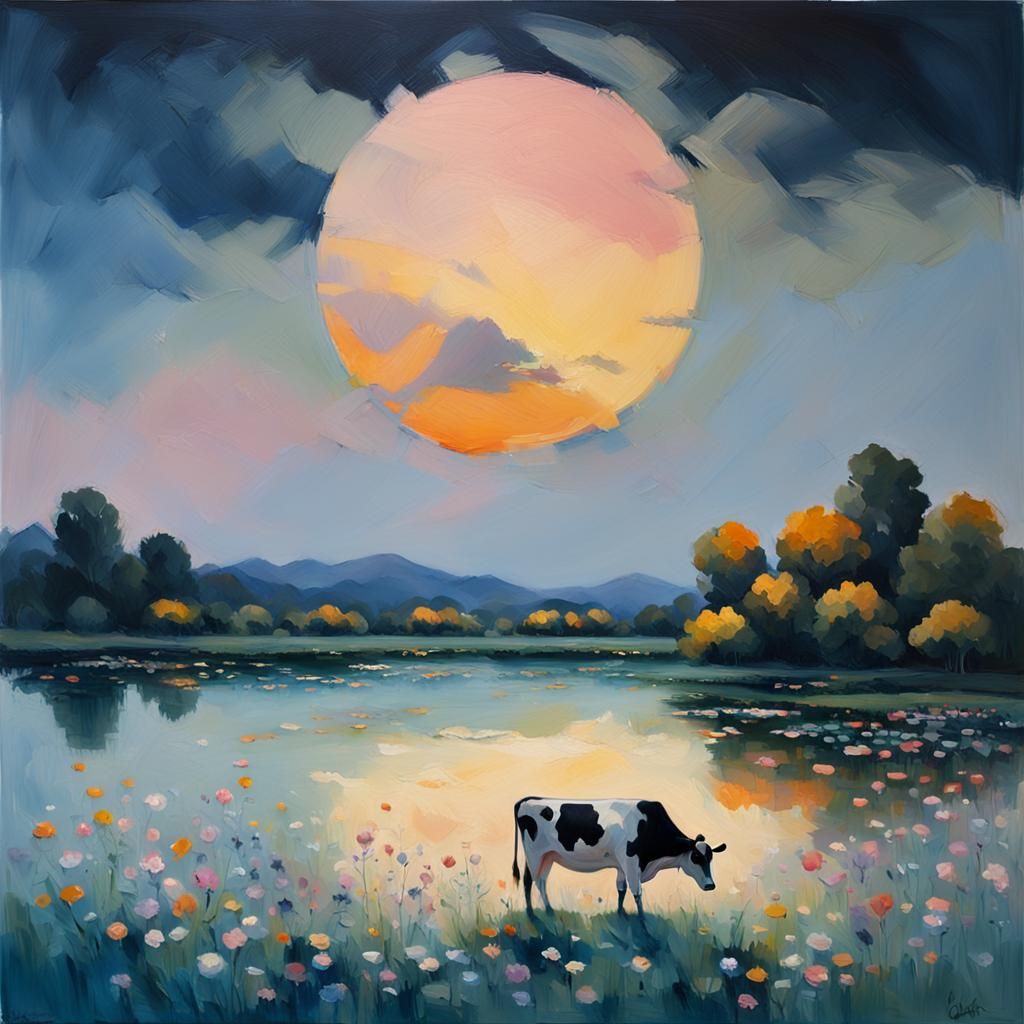 Cow Grazing in Meadow: Impressionistic Landscape Painting