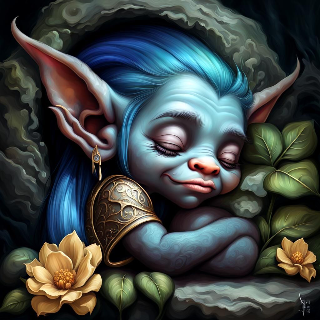 Cute Baby Troll Sleeping: Detailed Digital Illustration