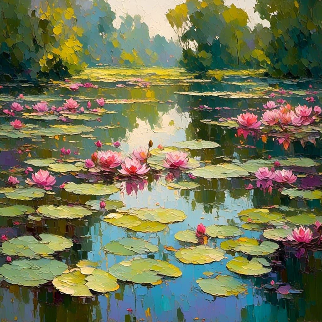 Impressionist Water Lilies in a Peaceful Water Garden