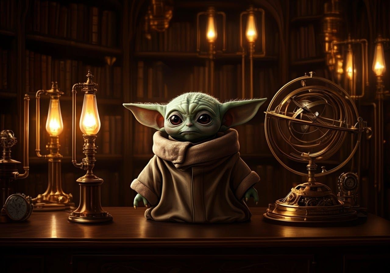 Baby Yoda in Steampunk Library with Clockwork Astrolabe