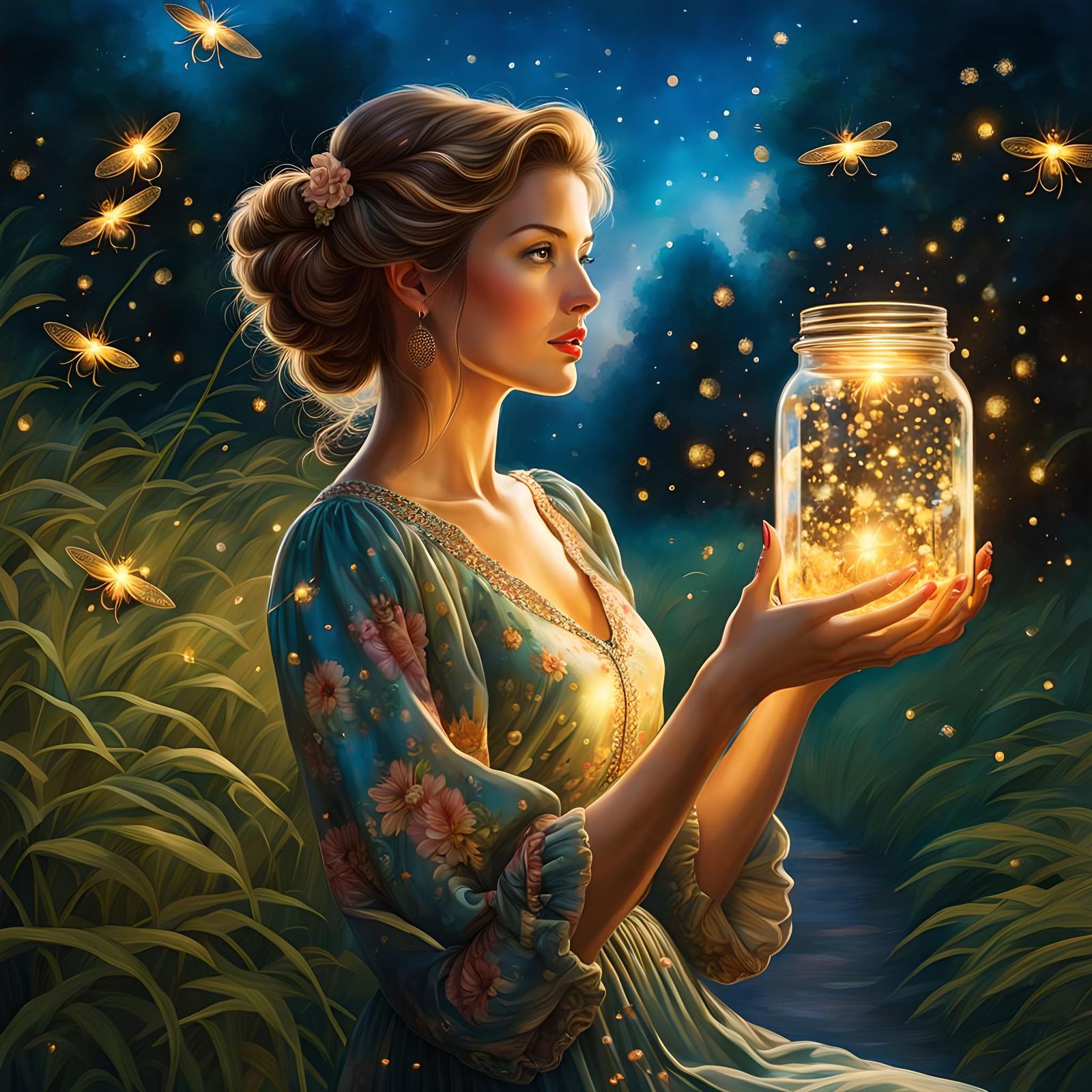 Woman in Floral Dress with Fireflies, Airbrush Art