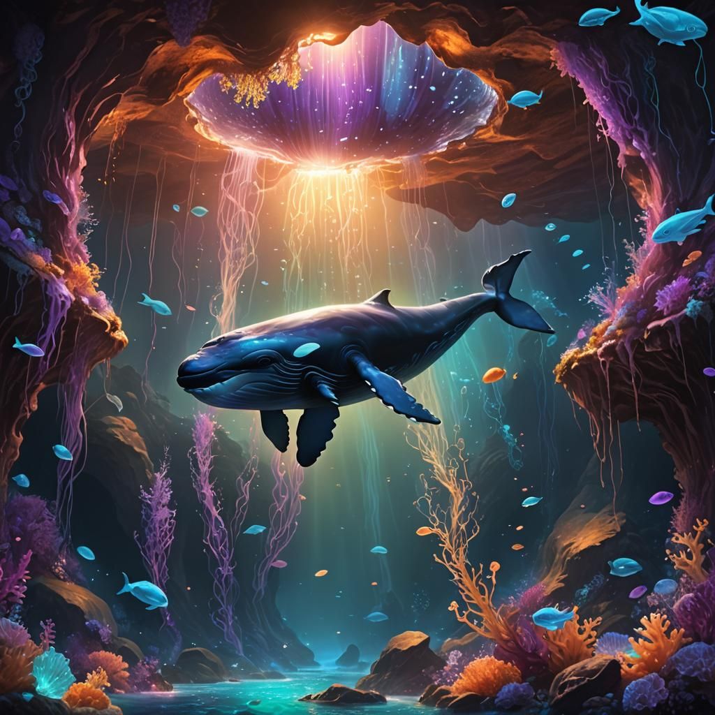 Mystical Bioluminescent Whale in Fantasy Oceanic Cave