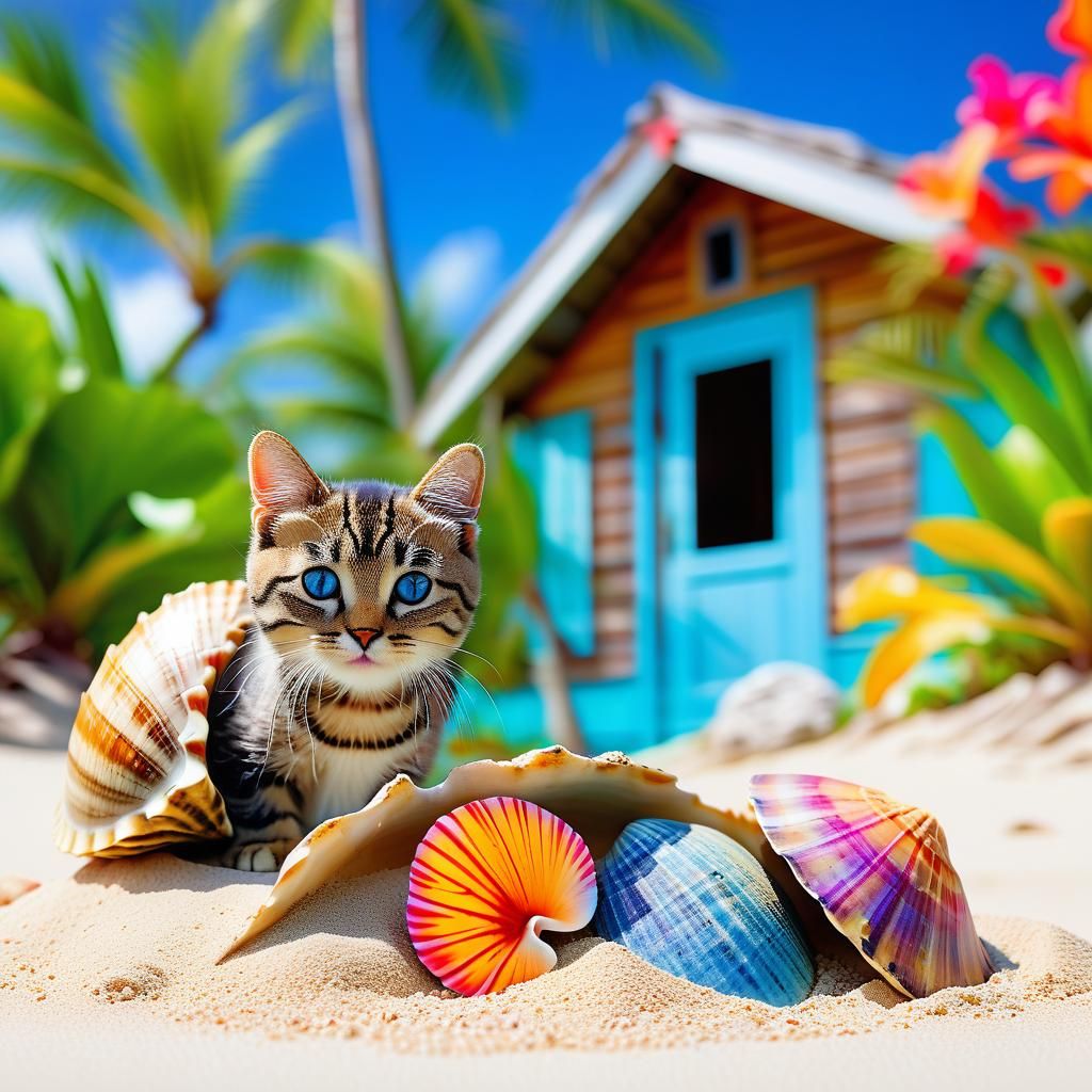 Adorable Kitty in a Hawaiian Beach Scene