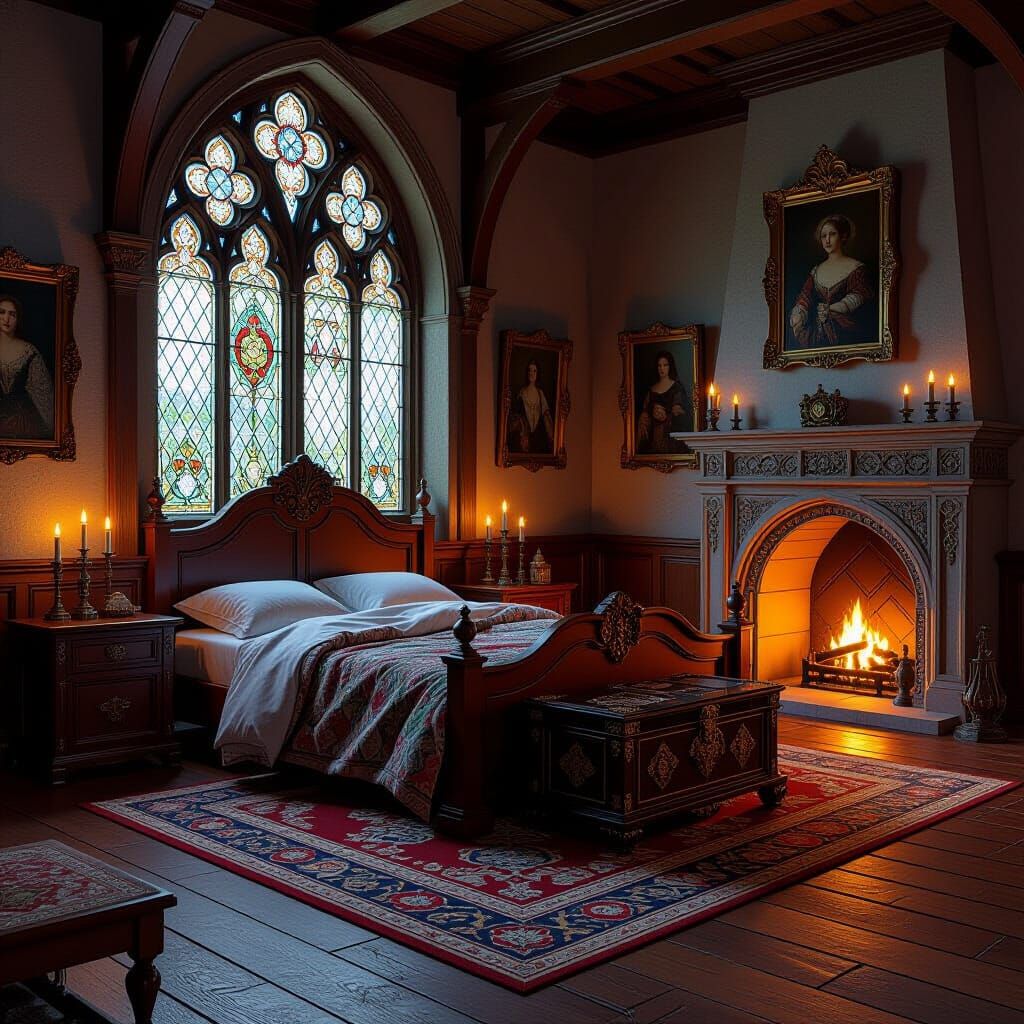 Medieval Bed Before Stained Glass, Art Nouveau Style