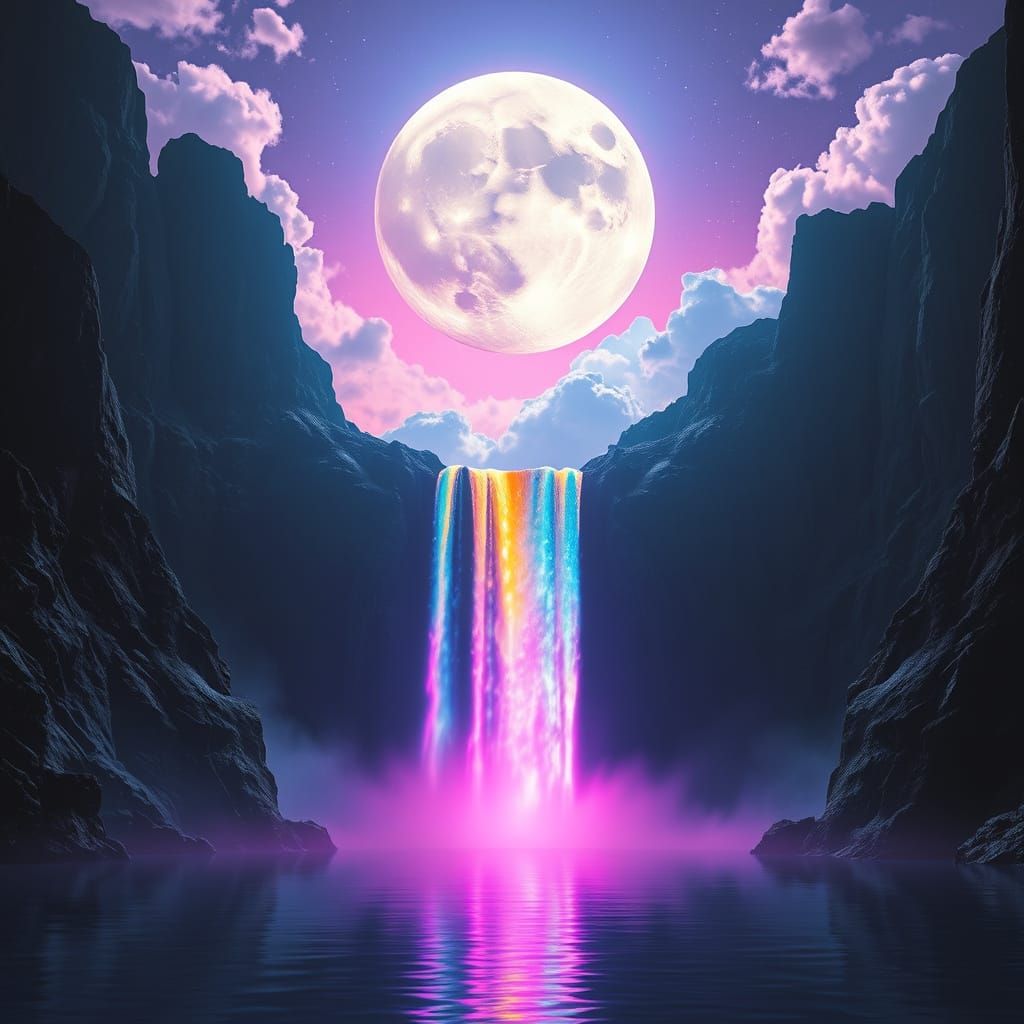 Surreal Alien Landscape with Giant Moon and Luminous Waterfa...