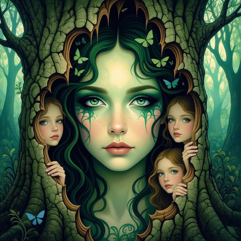 Eldritch Forest Wood Nymphs in Psychedelic Storybook Style