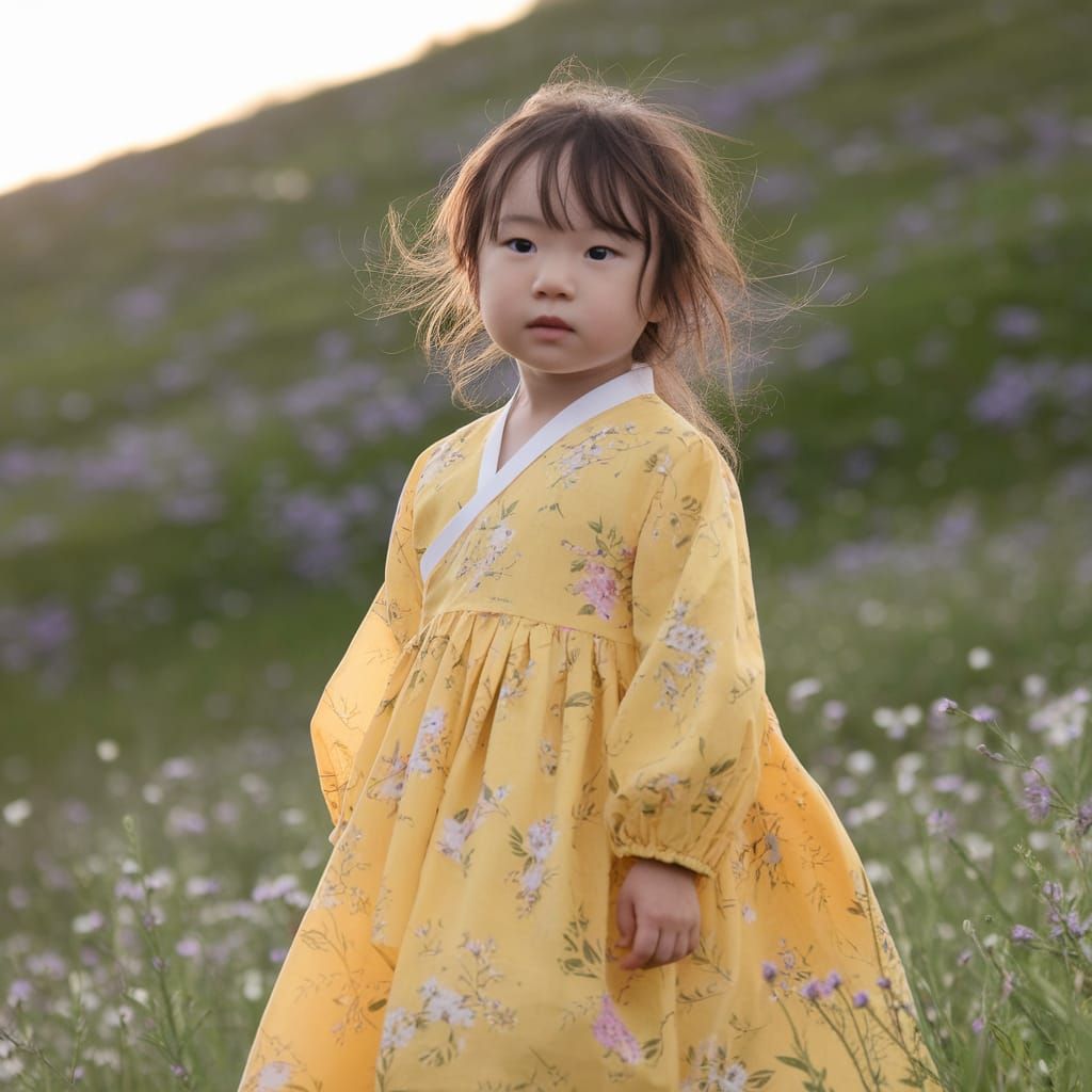 Korean Child in Yellow Dress in Meadow